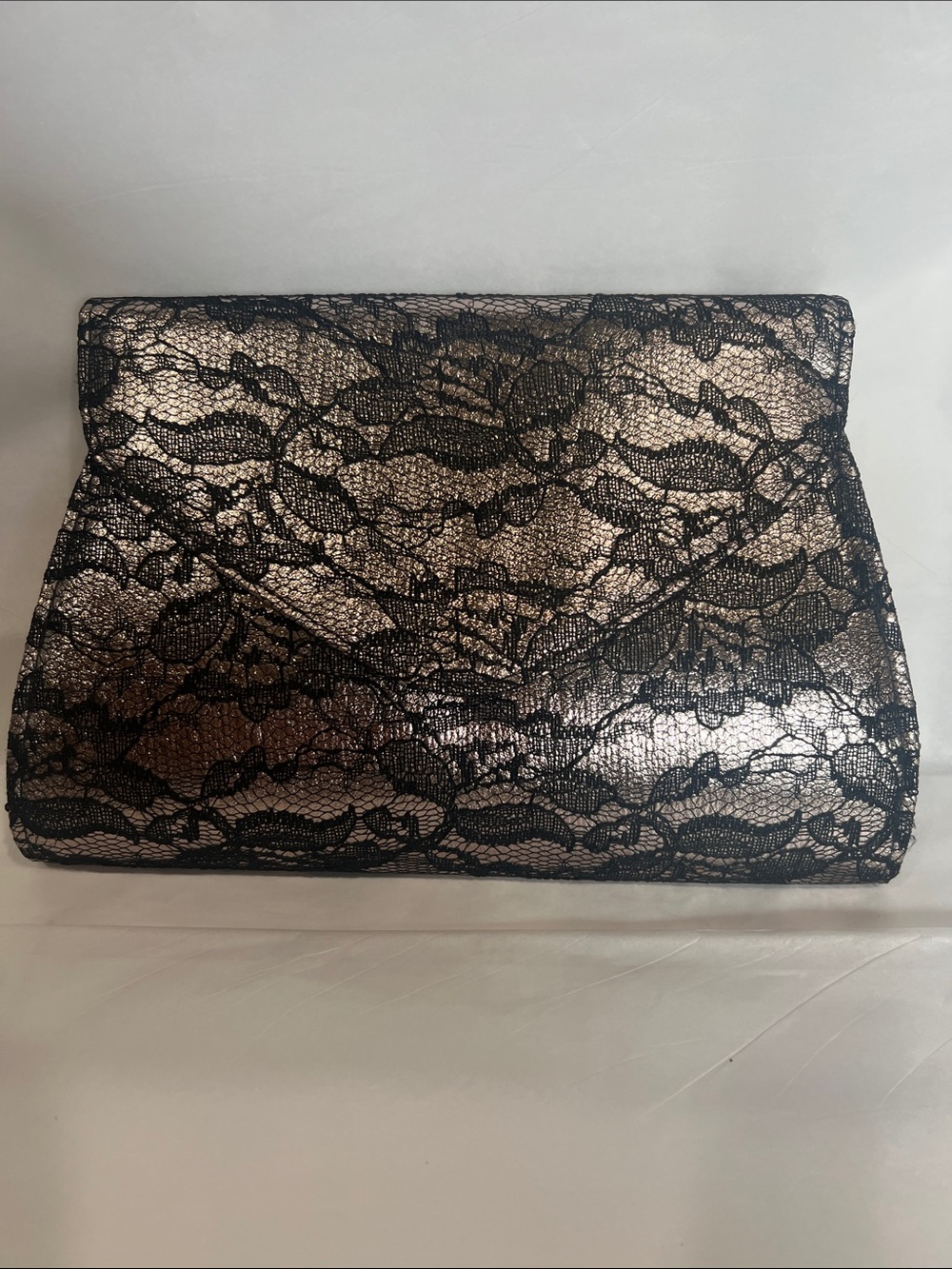 Neiman Marcus Black Lace Overlay Rose Gold Envelope Clutch
